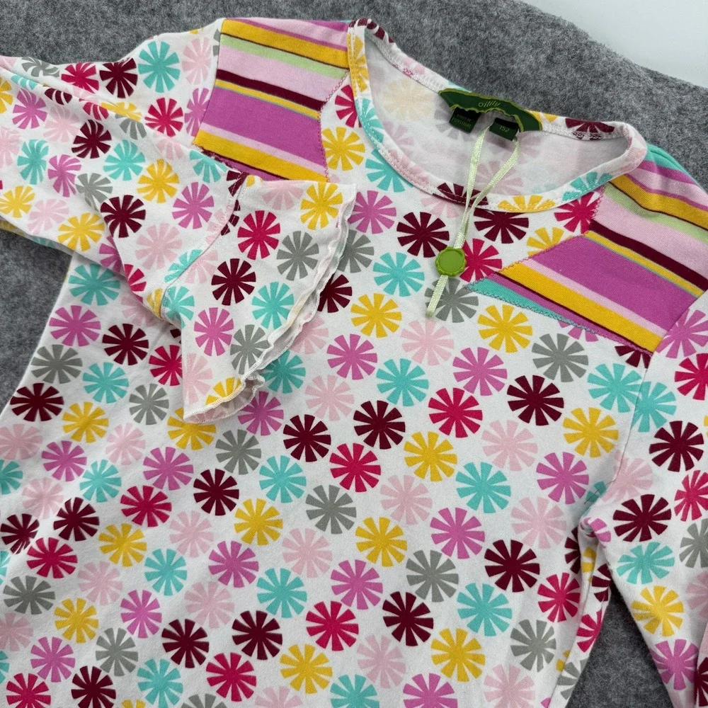 Oilily Long Sleeve Dress Kids 152 White‎ Multi Floral Stripe Ruffle Hem
